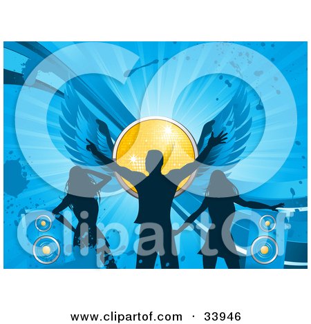 Clipart Illustration of a Silhouetted Man And Two Ladies Dancing On A Blue Grunge Background With Speakers And A Winged Yellow Disco Ball by elaineitalia