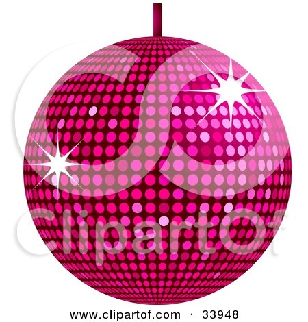 Clipart Illustration of a Pink Disco Ball Suspended From A Ceiling, With Bursts Of Light Reflecting Off The Mirrors by elaineitalia