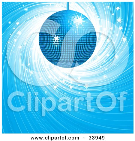 Clipart Illustration of a Shiny Blue Disco Ball Suspended Over A Swirling Blue Background With White Sparkles by elaineitalia