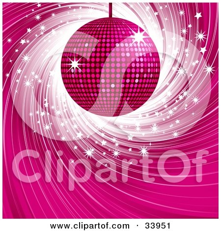 Clipart Illustration of a Shiny Pink Disco Ball Suspended Over A Swirling Blue Background With White Sparkles by elaineitalia