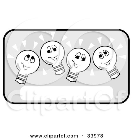 Clipart Illustration of Four Happy Lightbulbs Shining Brightly Over A Blank Text Box by C Charley-Franzwa