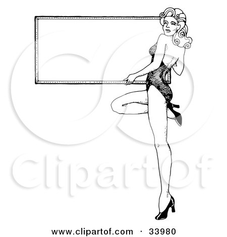 Clipart Illustration of a Sexy 1940's Style Pinup Girl In Heels, Holding A Blank White Board by C Charley-Franzwa