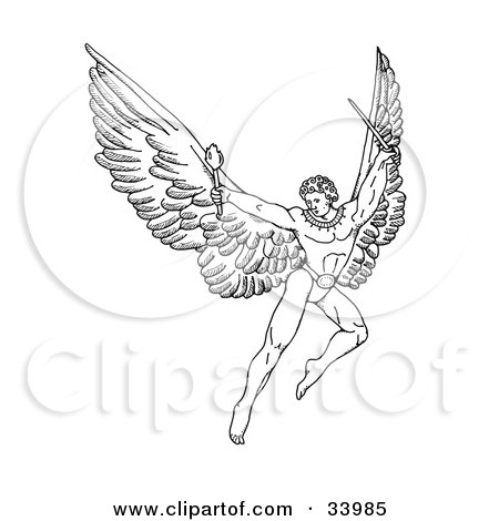 Pen And Ink Drawing Of A Male Warrior Angel With Large Wings, Flying With A  Torch And Sword Posters, Art Prints by - Interior Wall Decor #33985