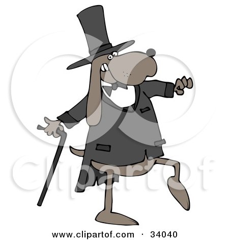 Clipart Illustration of a Brown Gentleman Dog In A Tux And Top Hat, Carrying A Cane And Walking Or Dancing by djart