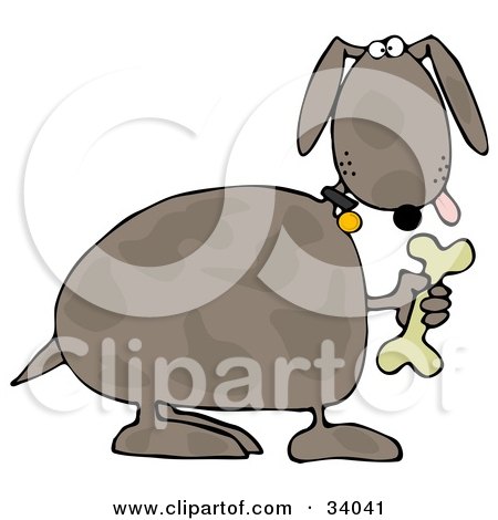 Clipart Illustration of a Goofy Brown Spotted Dog Holding Up A Bone by djart