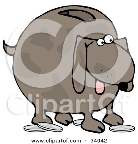 Clipart Illustration of a Brown Doggy Bank With A Slot On The Back And Coins On The Ground by djart