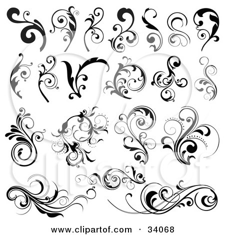 Clipart Illustration of a Black And White Set Of Bold, Black And Elegant Scrolls And Vines by OnFocusMedia