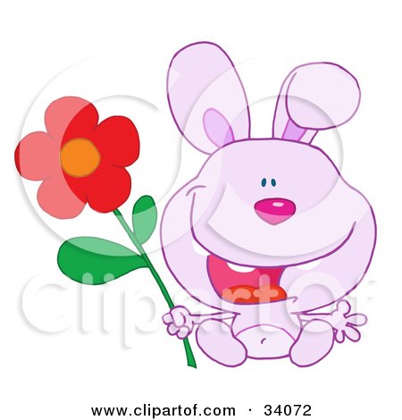 Clipart Illustration of a Joyful Purple Bunny Rabbit Sitting With A Red Daisy Flower by Hit Toon