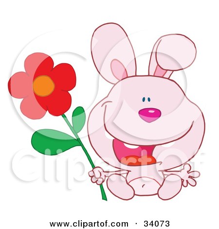 Clipart Illustration of a Joyful Pink Bunny Rabbit Sitting With A Red Daisy Flower by Hit Toon