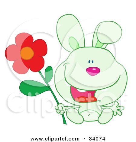 Clipart Illustration of a Joyful Green Bunny Rabbit Sitting With A Red Daisy Flower by Hit Toon