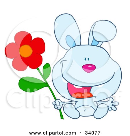 Clipart Illustration of a Happy Blue Bunny Rabbit Sitting With A Red Daisy Flower by Hit Toon
