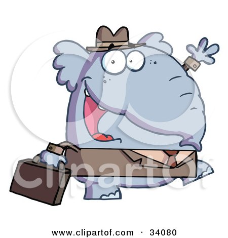 Clipart Illustration of a Friendly Business Elephant Waving And Walking To Work With A Briefcase by Hit Toon