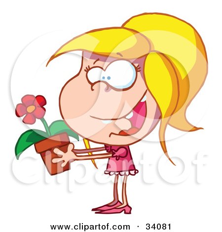 Clipart Illustration of an Excited Blond Caucasian Girl Holding A Flower Growing In A Pot by Hit Toon