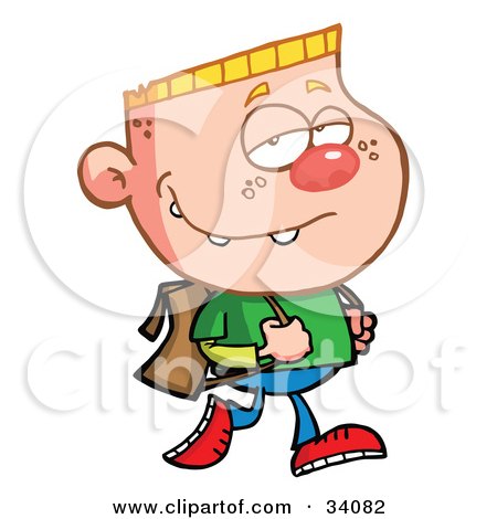 Clipart Illustration of a Pleasant Blond Haired School Boy Tugging His Backpack Straps While Walking To School by Hit Toon