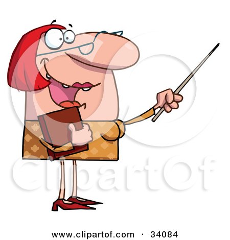 Clipart Illustration of a Happy Red Haired Teacher In Glasses, Holding A Book And Using A Pointer Stick by Hit Toon