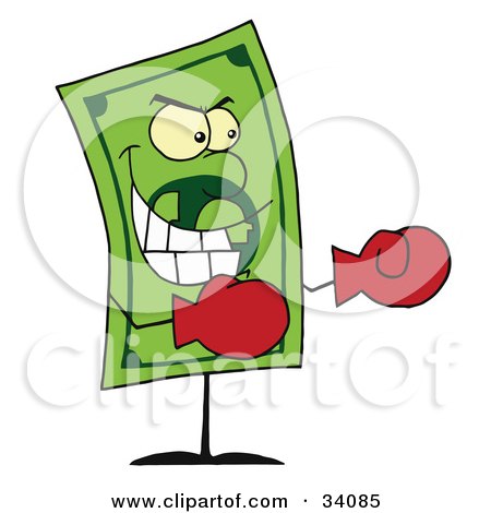 Clipart Illustration of a Dollar Bill Wearing Boxing Gloves And Gritting Its Teeth by Hit Toon