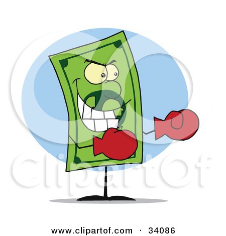 Clipart Illustration of a Tough Dollar Bill Boxing, With A Shadow, In Front Of A Blue Circle, On A White Background by Hit Toon