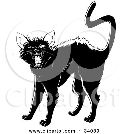 Clipart Illustration of an Evil Black Cat Arching Its Back, Twitching Its Tail And Hissing by Lawrence Christmas Illustration