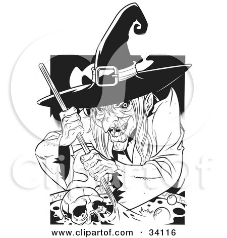 Clipart Illustration of an Ugly Warty Witch Grinning While Stirring A Skull And Potion In A Spell Cauldron by Lawrence Christmas Illustration
