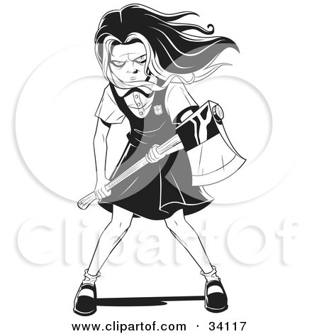 Clipart Illustration of an Evil Young School Girl With Her Hair Waving In The Wind, Holding An Axe And Prepared To Kill by Lawrence Christmas Illustration