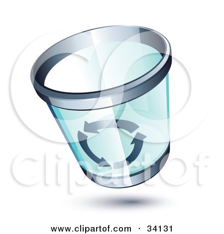 Clipart Illustration of a Blue Transparent Chrome Rimmed Trash Can With Recycle Arrows On The Side by beboy
