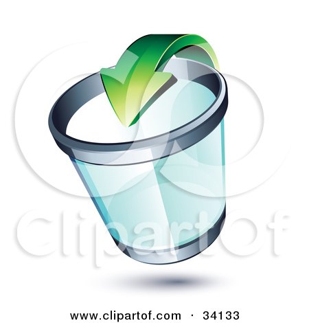 Clipart Illustration of a Green Recycle Arrow Pointing Into A Transparent Chrome Rimmed Trash Can by beboy