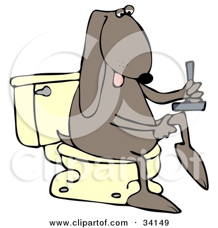 Clipart Illustration of a Brown Dog Shaving His Legs And Knees While Sitting On A Toilet In A Bathroom by djart