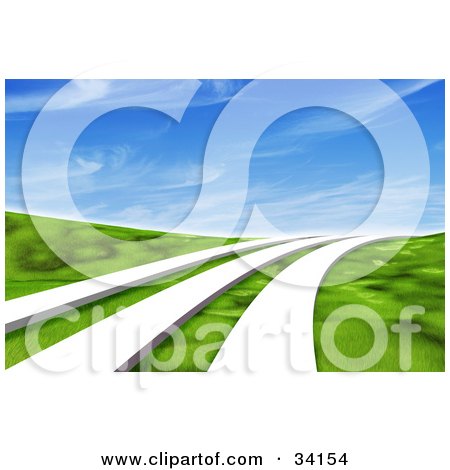 Clipart Illustration of Three White Paths Leading Across A Grassy Green 3d Landscape Under A Blue Sky With Wispy Clouds by Frog974