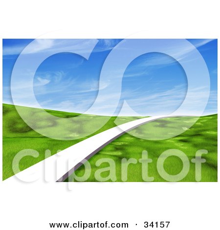Clipart Illustration of a Single White Path Leading Forward Across A Grassy Green 3d Landscape Under A Blue Sky With Wispy Clouds by Frog974