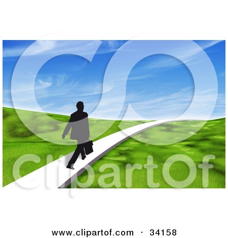 Clipart Illustration of a Black Silhouetted Businessman Carrying A Briefcase And Walking On A Single Path Through A 3d Grassy Landscape Under A Blue Sky by Frog974