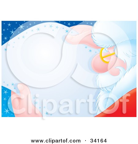 Clipart Illustration of Santa Reading A Letter Bordered By Stars, On A Blue Starry Background by Alex Bannykh