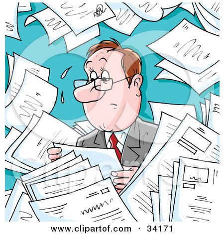 Clipart Illustration of an Overwhelmed And Sweaty Businessman Surrounded By Memos, Paperwork Or Employment Applications by Alex Bannykh