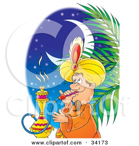 Clipart Illustration of a Male Tourist Smoking A Hookah Water Pipe On An Egyptian Night by Alex Bannykh