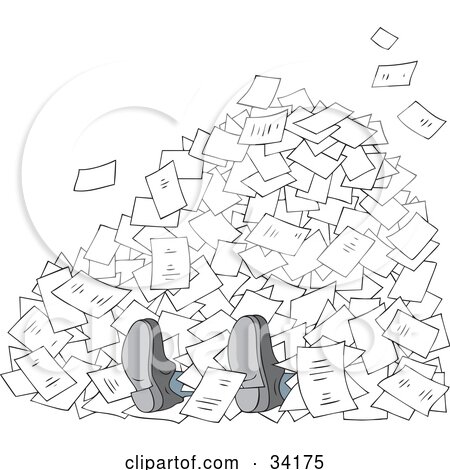 Clipart Illustration of a Businessmans Feet Poking Out From Under A Stack Of Paperwork, On A White Background by Alex Bannykh
