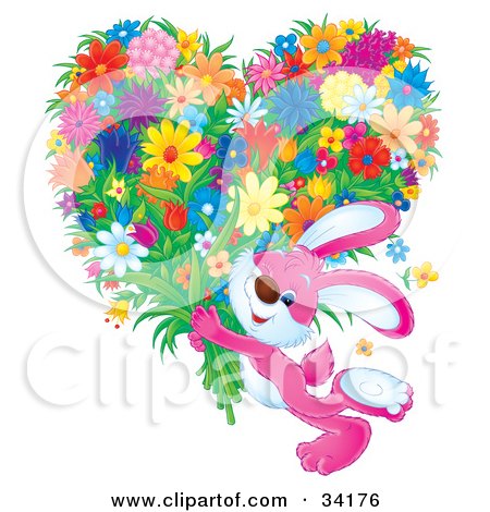 Clipart Illustration of an Adorable Pink Bunny Rabbit Carrying A Large Heart Shaped Floral Bouquet by Alex Bannykh