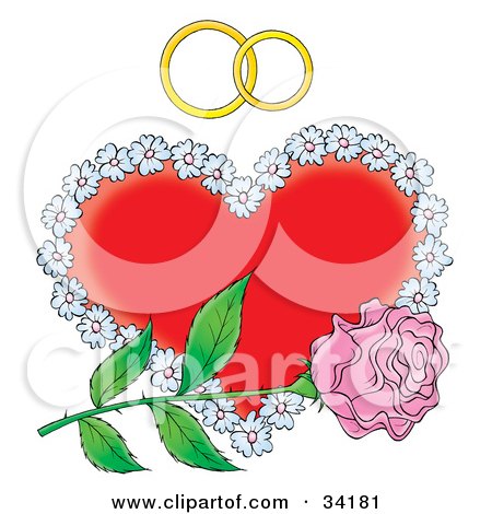 Clipart Illustration of a Single Pink Rose Over A Floral Red Heart With Two Wedding Rings by Alex Bannykh