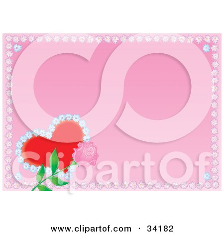 Clipart Illustration of a Pink Rose And Red Heart In The Corner Of A Pink Background Bordered By Flowers by Alex Bannykh