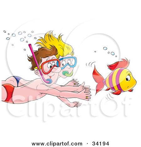 Clipart Illustration of a Happy Couple Chasing A Fish While Swimming And Snorkeling by Alex Bannykh