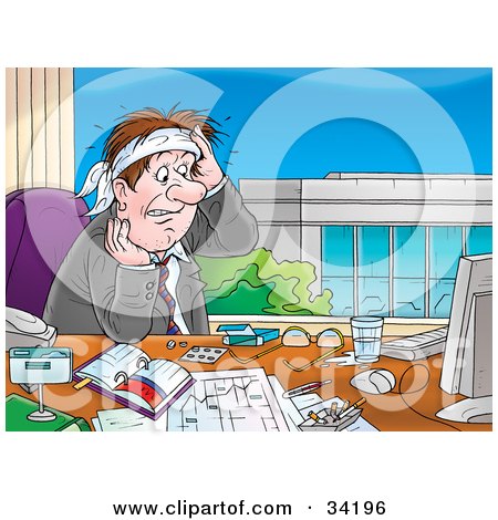 Clipart Illustration of a Stressed Out Caucasian Businessman Sweating At His Desk And Staring At His Computer by Alex Bannykh