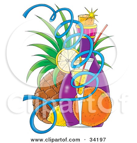 Clipart Illustration of a Lemon Wedge On A Cocktail Glass With An Orange, Lemon, Bottle And Pineapple by Alex Bannykh
