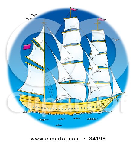 Clipart Illustration of a Tall Sail Boat With Its Sails Open, Out At Sea by Alex Bannykh