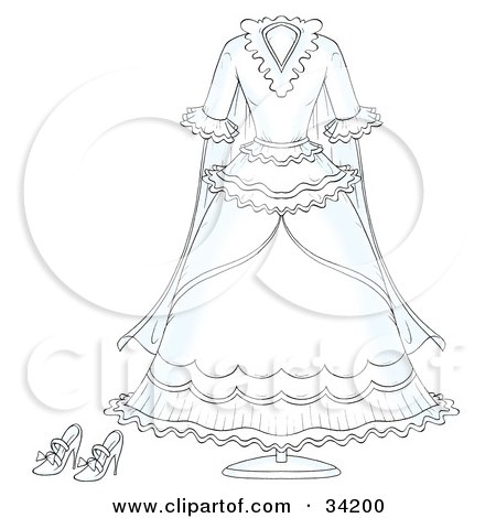 Clipart Illustration of a White Bridal Gown Wedding Dress And Shoes On A Stand by Alex Bannykh