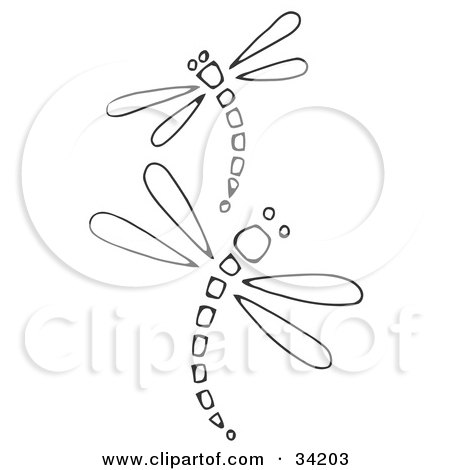 Clipart Illustration of Two Black And White Dragonflies With Sectioned Bodies, Curving In Opposite Directions by C Charley-Franzwa
