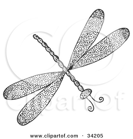 Clipart Illustration of a Black And White Rubber Stamp Design Of A Dragonfly With Ink Spots by C Charley-Franzwa
