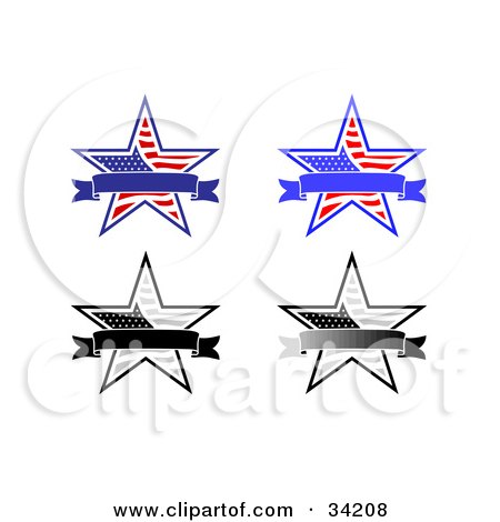 Clipart Illustration of Four Patriotic American Stars With Blank Banners by C Charley-Franzwa