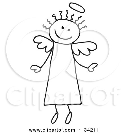 Clipart Illustration of a Happy Flying Stick Angel With Hair And A Halo by C Charley-Franzwa