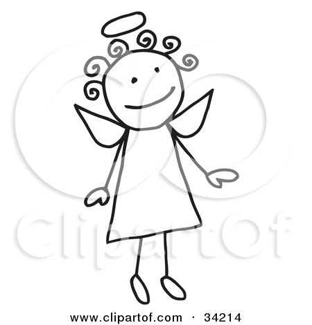 Clipart Illustration of a Cute Flying Female Stick Angel With A Halo And Curly Hair by C Charley-Franzwa