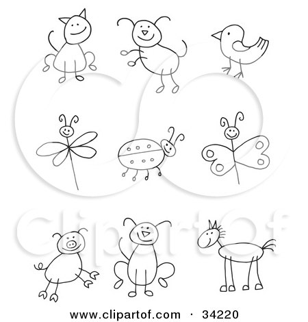 Clipart Illustration of a Stick Figure Cat, Dog, Bird, Dragonfly, Ladybug, Butterfly, Pig, Pupy And Horse by C Charley-Franzwa