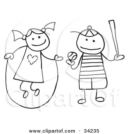 Clipart Illustration of a Stick Girl And Boy Jumping Rope And Playing Baseball by C Charley-Franzwa