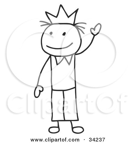 Clipart Illustration of a Stick King Or Prince Wearing A Crown And Waving by C Charley-Franzwa